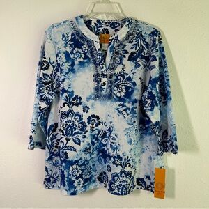 Ruby Rd. Beaded Tunic Top Women's Petite Size LP Blue Peasant Boho Flowy